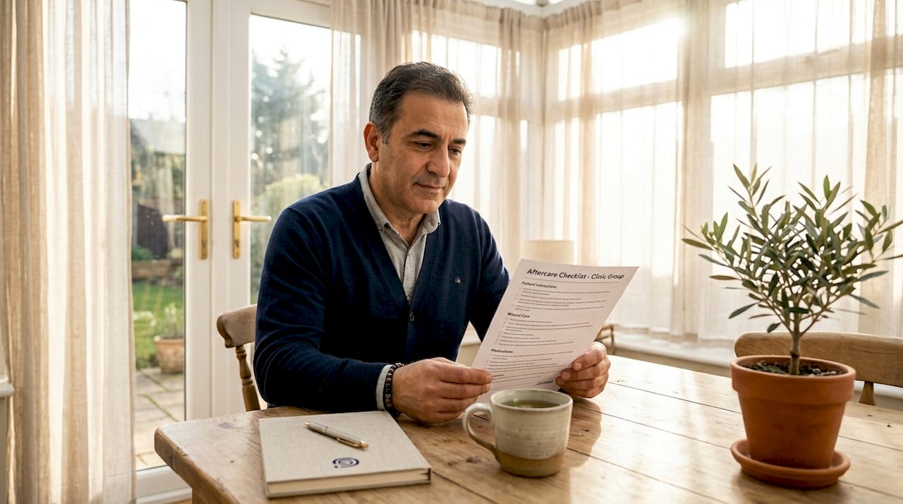 Patient reviewing aftercare checklist at home