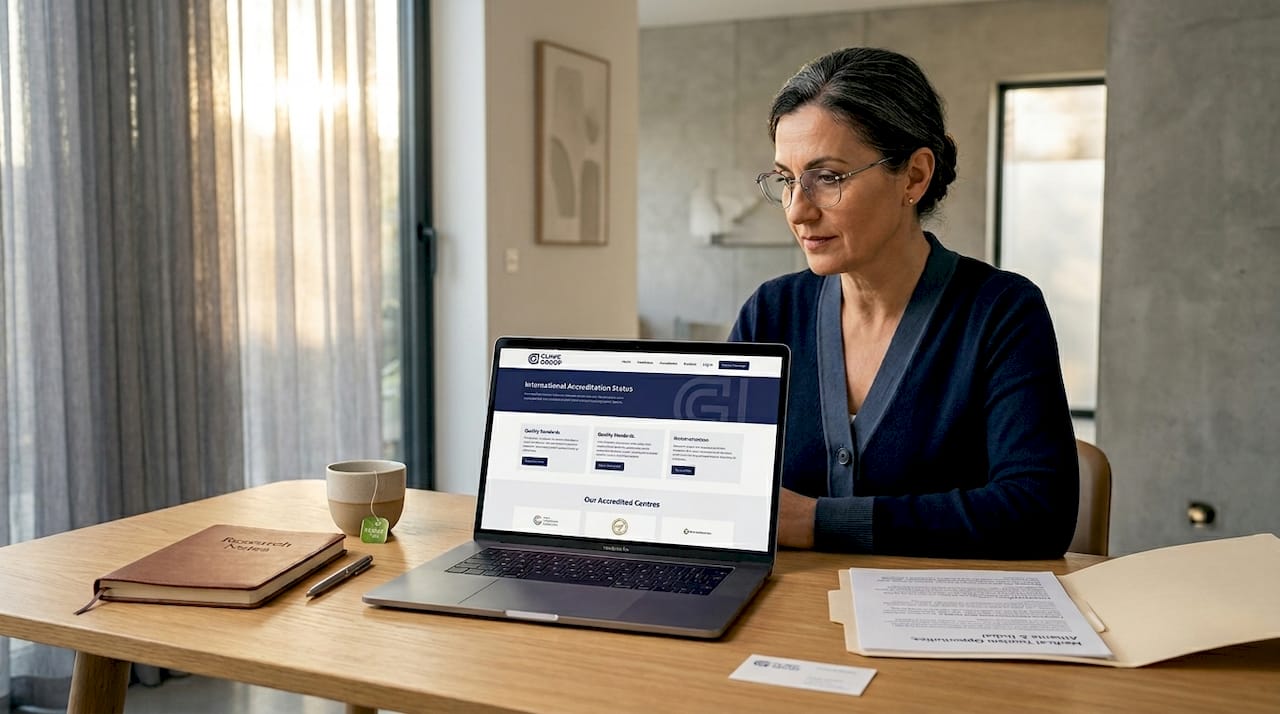 Patient verifying medical tourism accreditation online