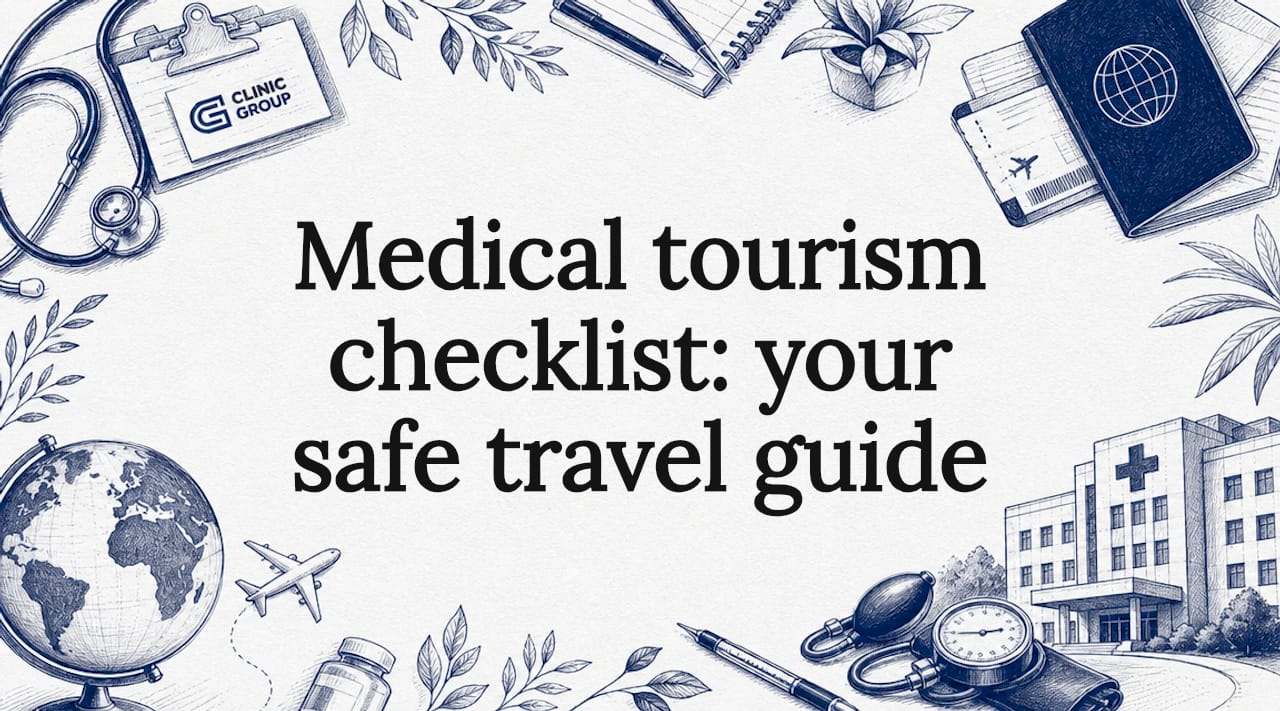 Decorative medical tourism title card illustration