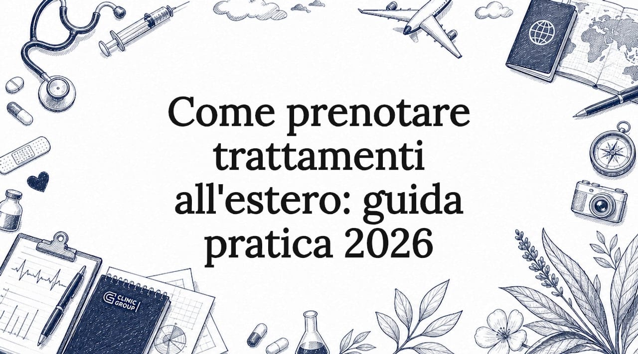 Illustrazione di copertina decorativa per una guida al turismo medico