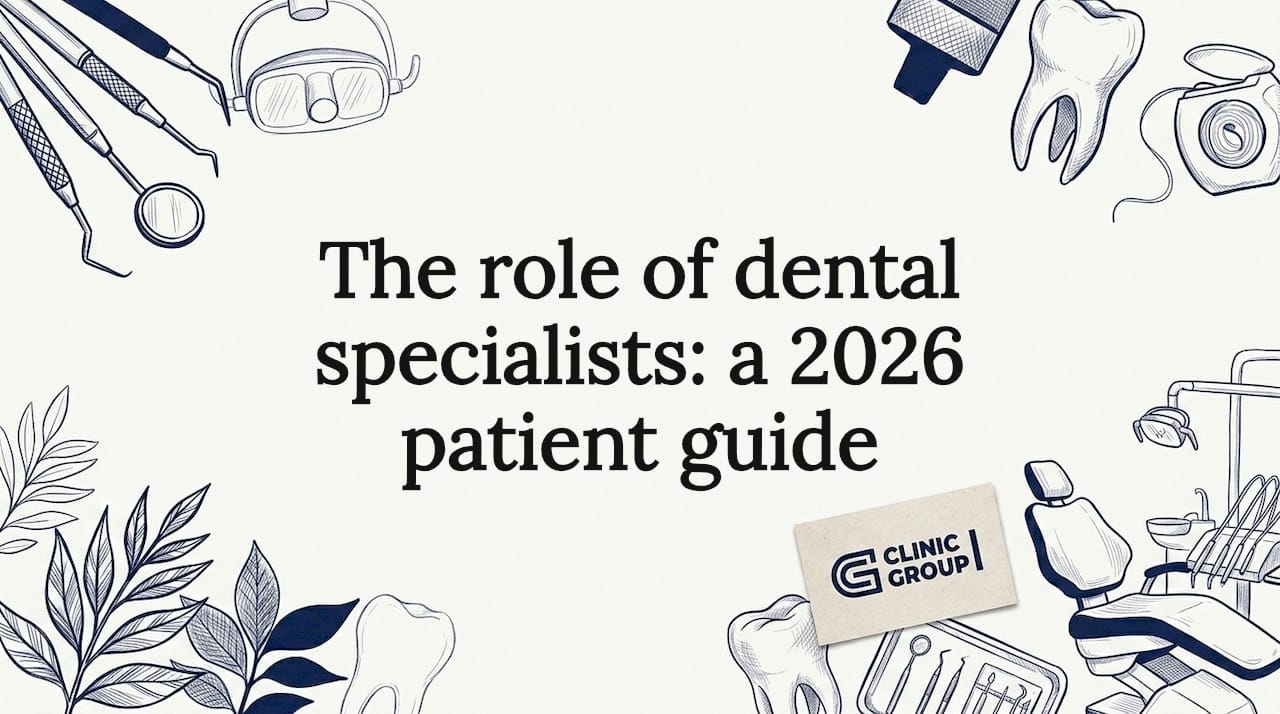 Decorative dental specialist title card illustration