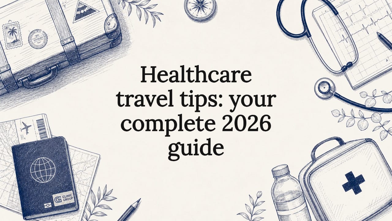 Decorative healthcare travel title card illustration