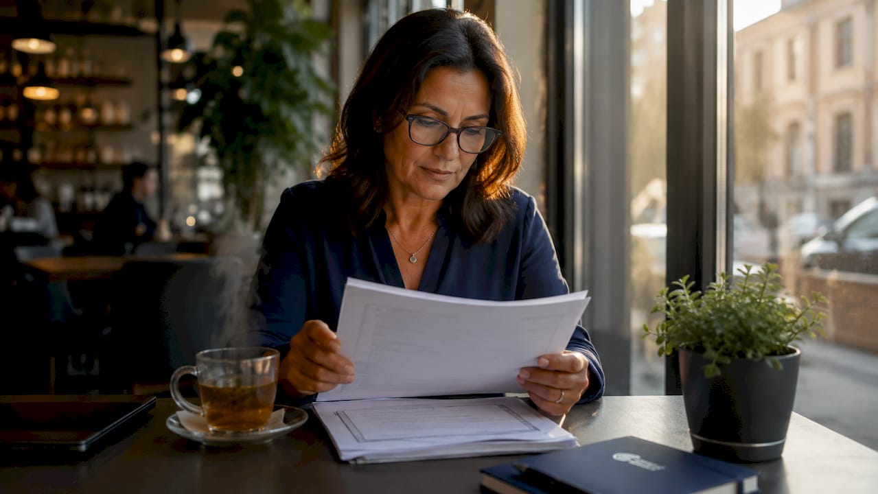 Patient reading medical paperwork at home.