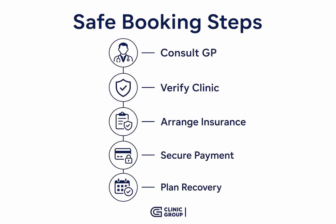 Infographic showing key steps for safely booking medical treatments abroad.