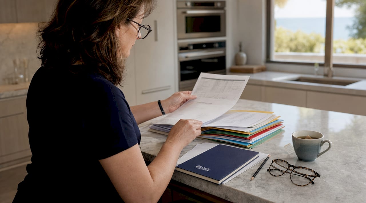 Person organizing medical records at home table