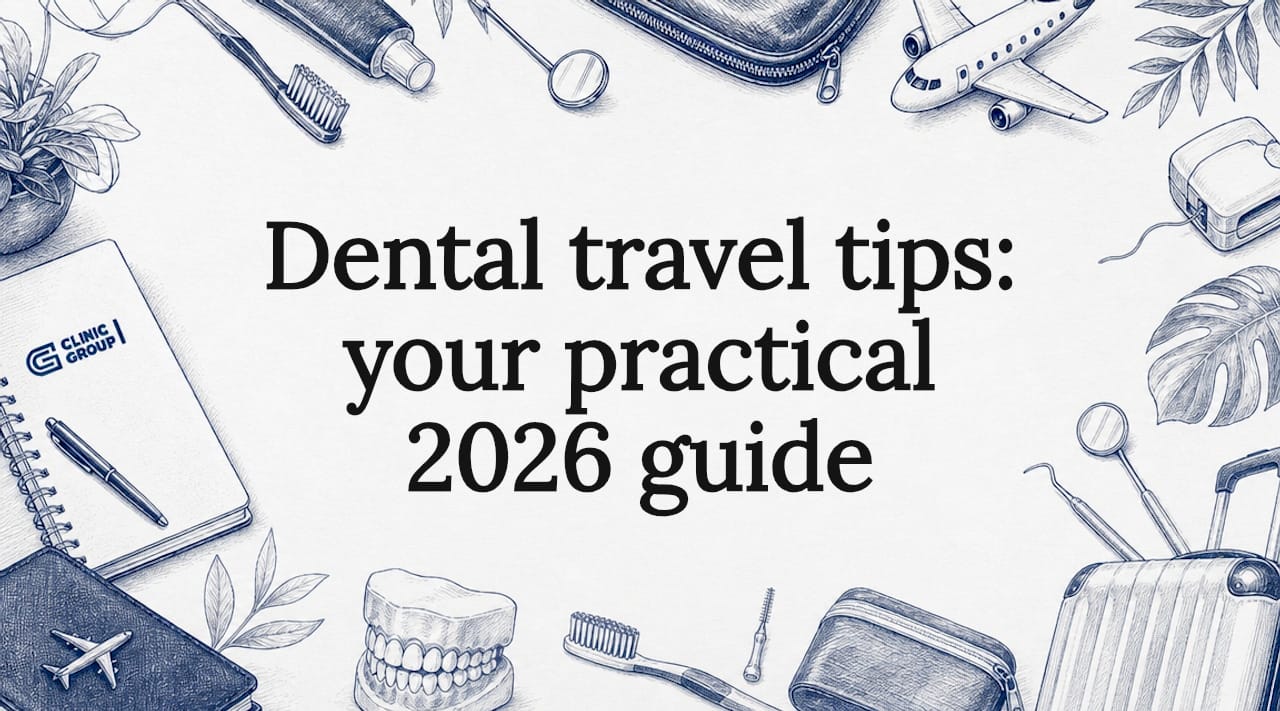 Decorative dental travel title card illustration