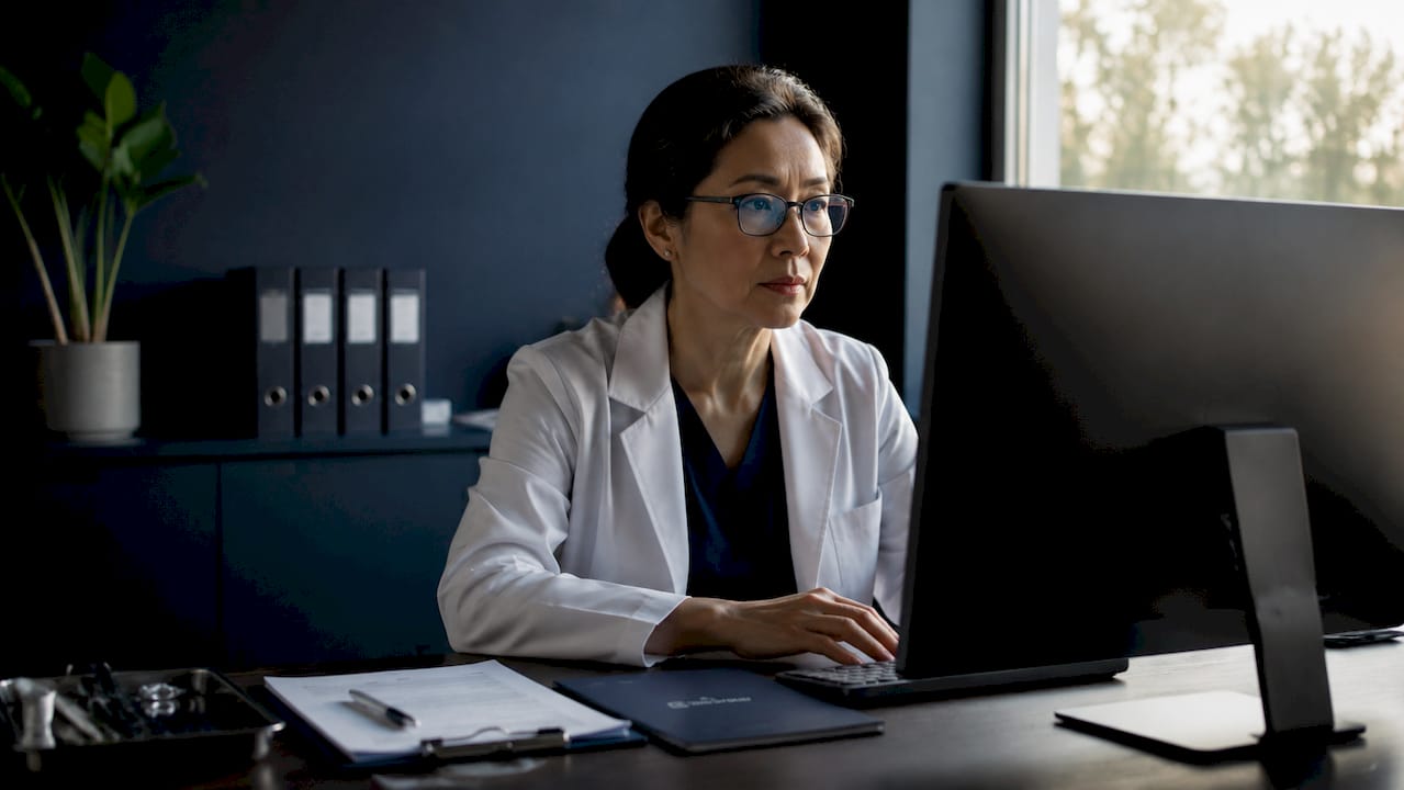 Medico donna al lavoro davanti al computer in ambulatorio