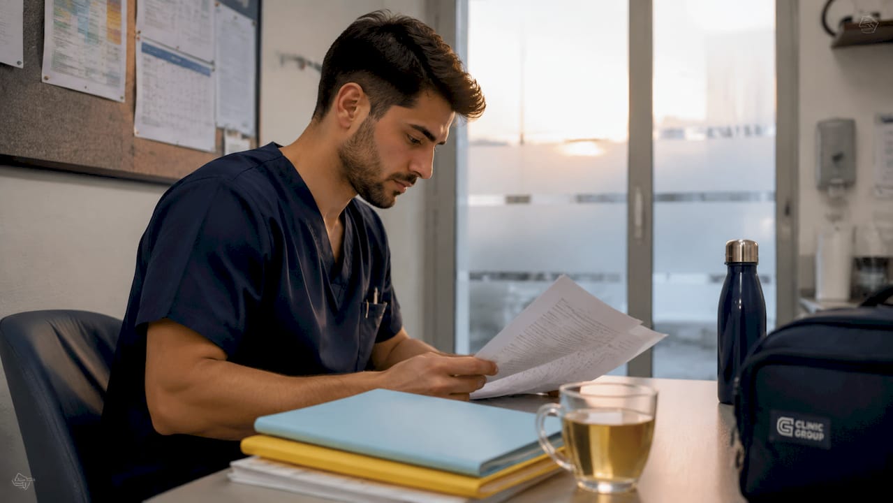 Nurse reviewing patient aftercare documents