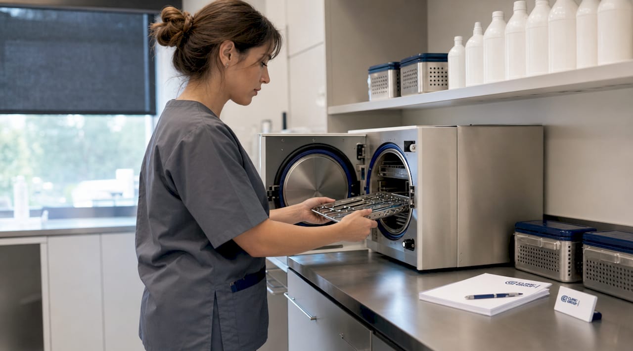 Dental technician loading sterilization equipment