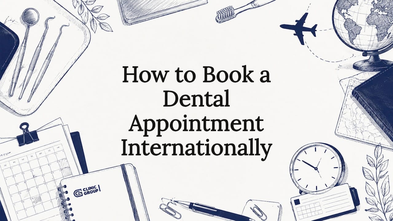 Decorative title card with dental and travel icons