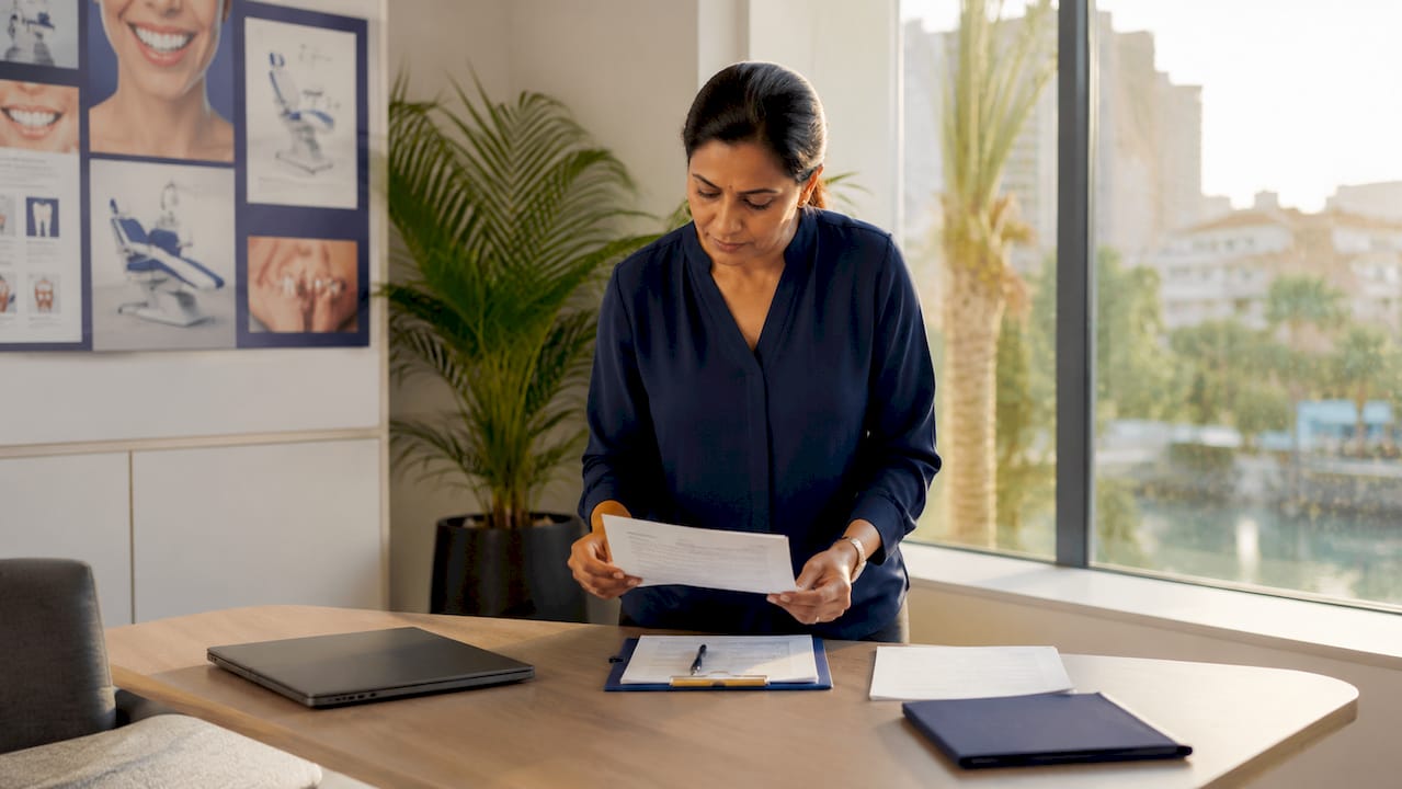 Dental clinic coordinator reviewing control documents