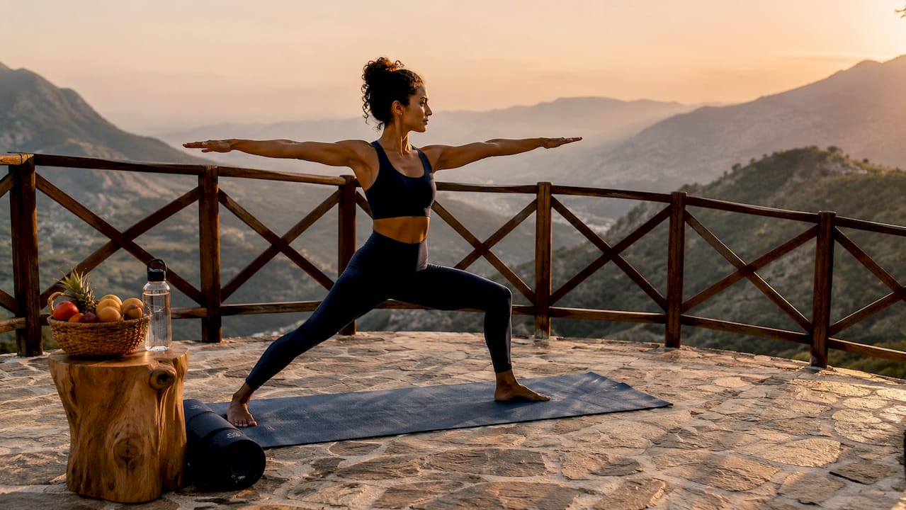 Woman practicing yoga at seaside wellness resort