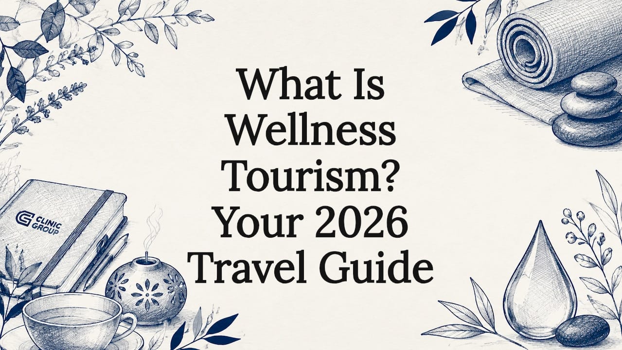 Decorative wellness tourism title card illustration