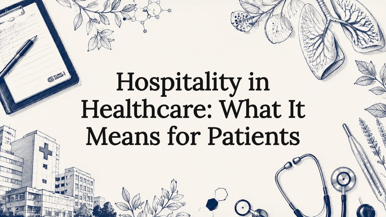 Decorative title card illustration with healthcare icons