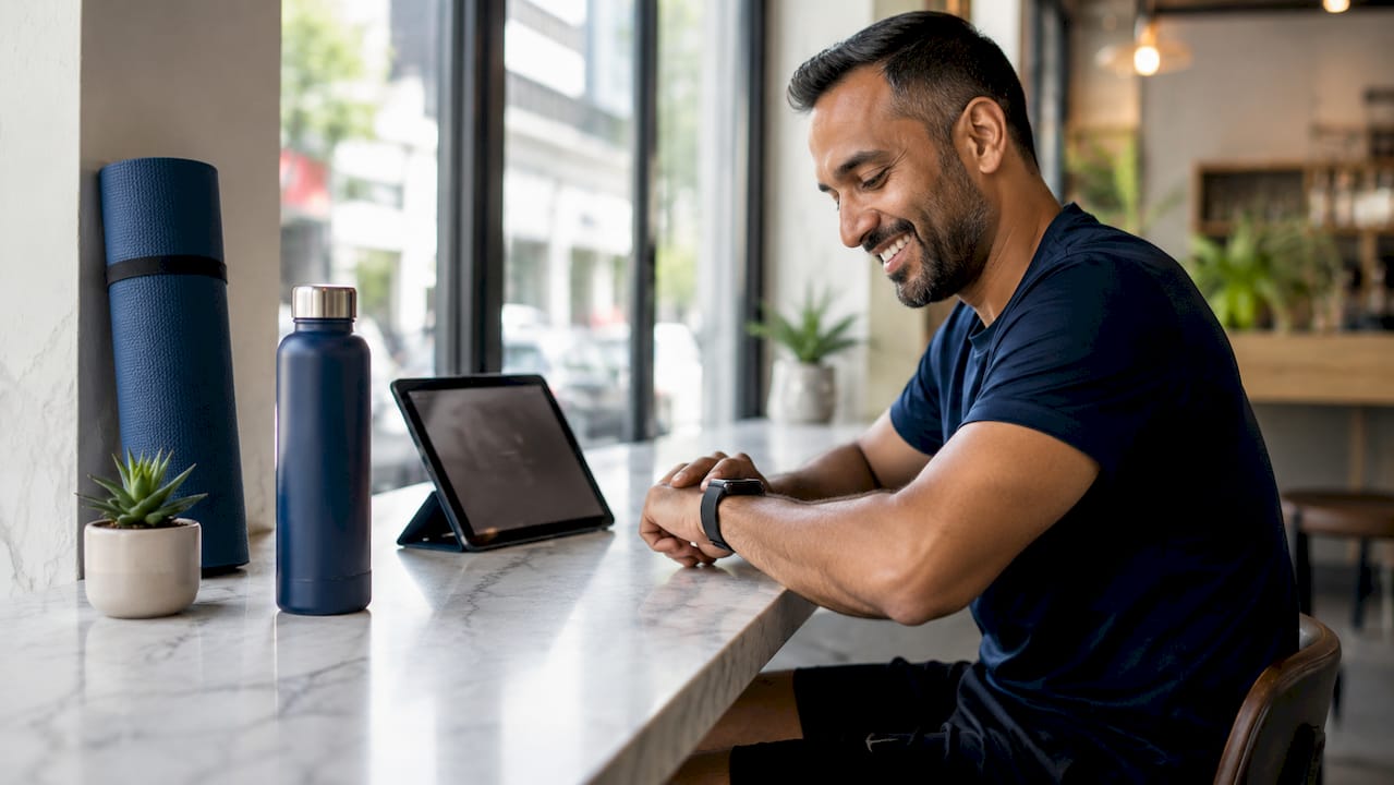 Man using fitness app and smartwatch