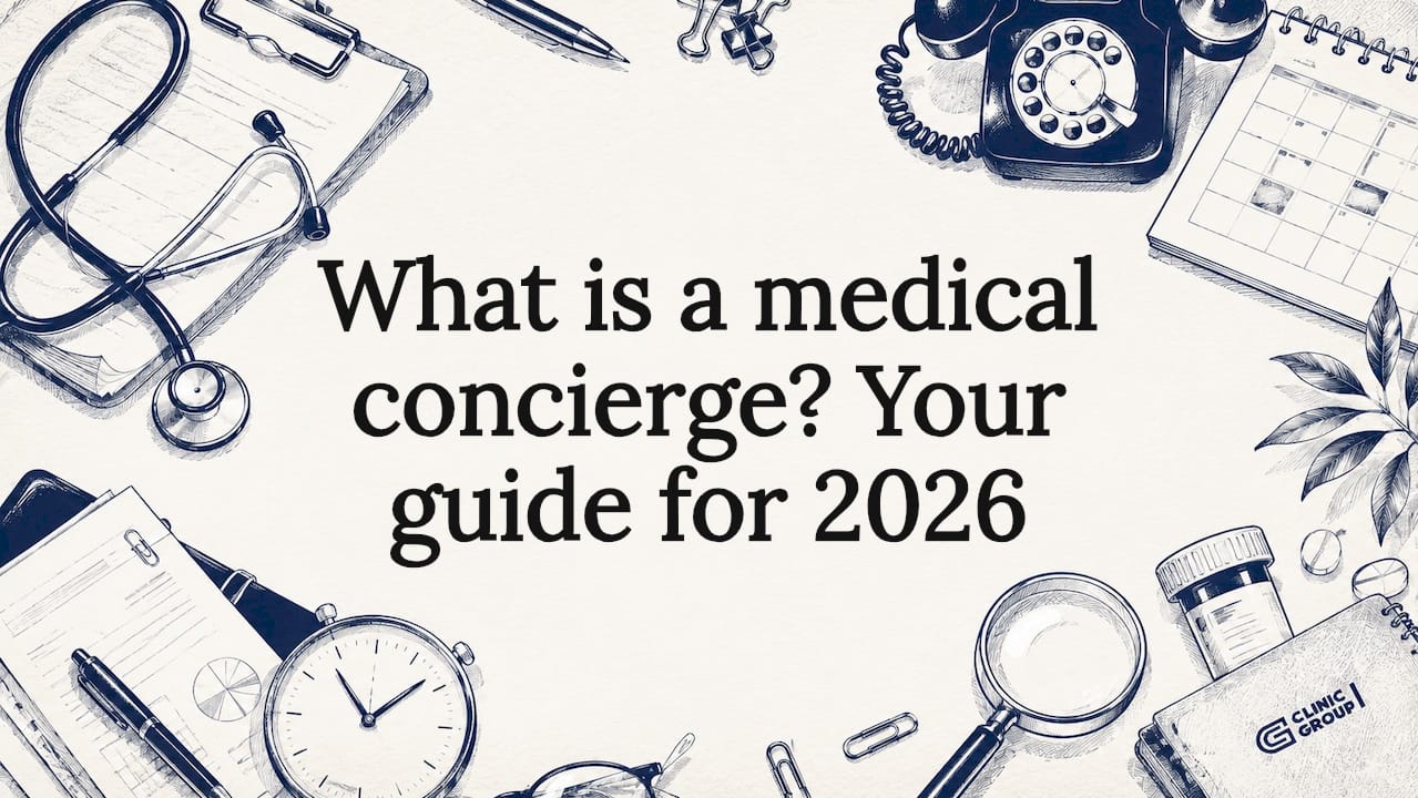 Decorative title card illustration with medical tools