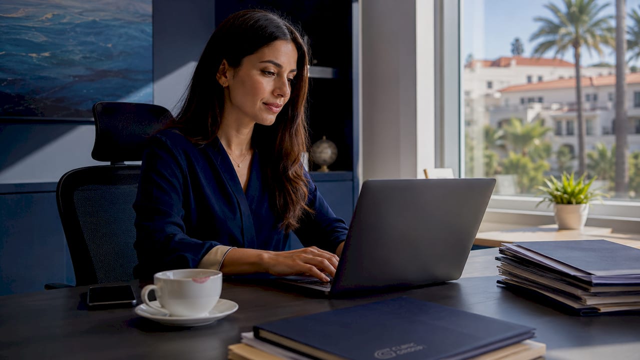 Medical concierge working at desk in office