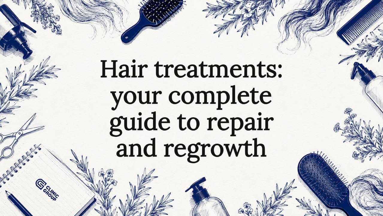 Decorative hand-drawn title card with botanical and hair care elements