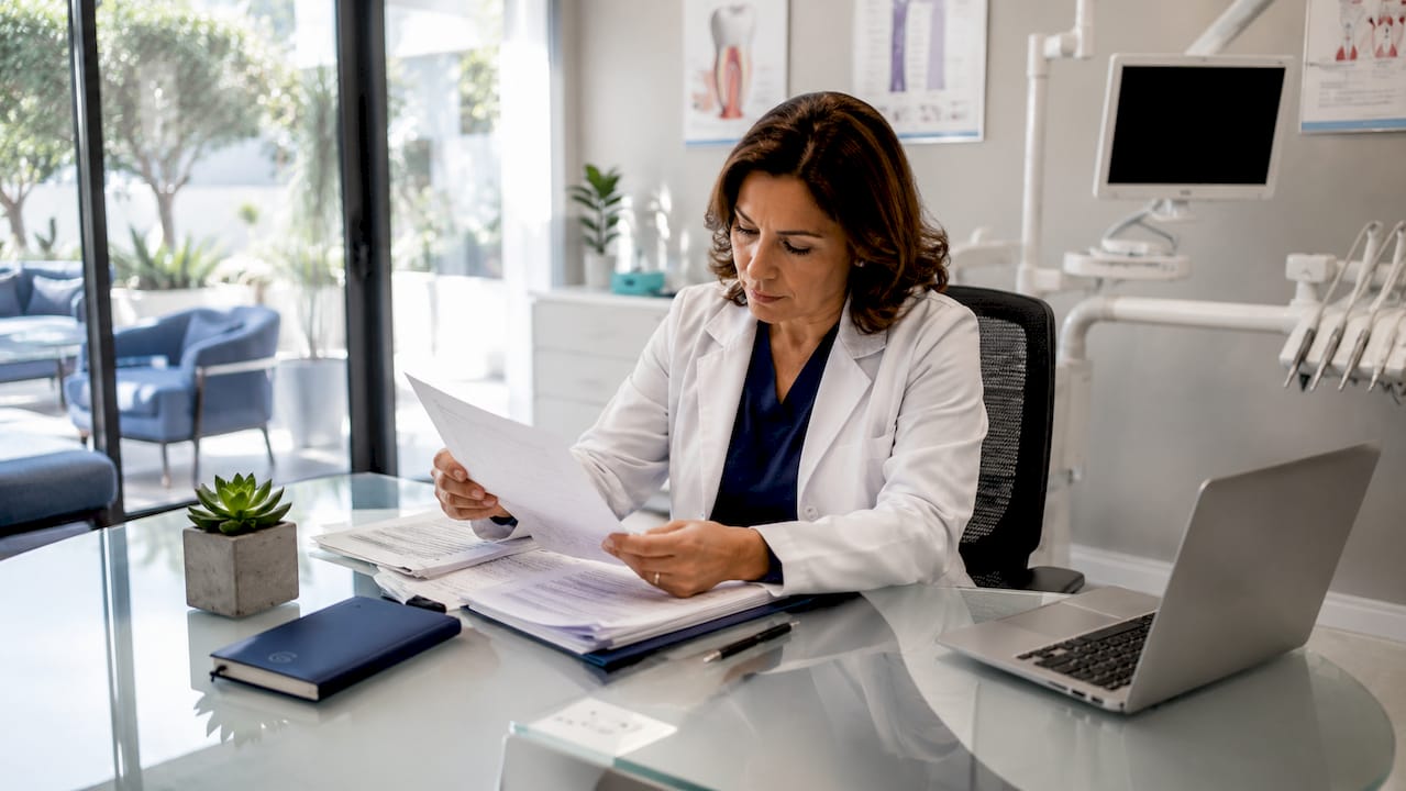 Dentist reviewing patient records at desk