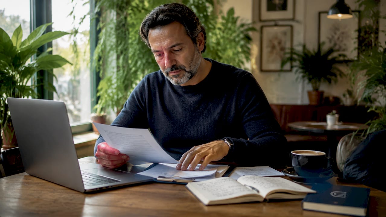 Una persona sta sistemando i suoi documenti al computer.