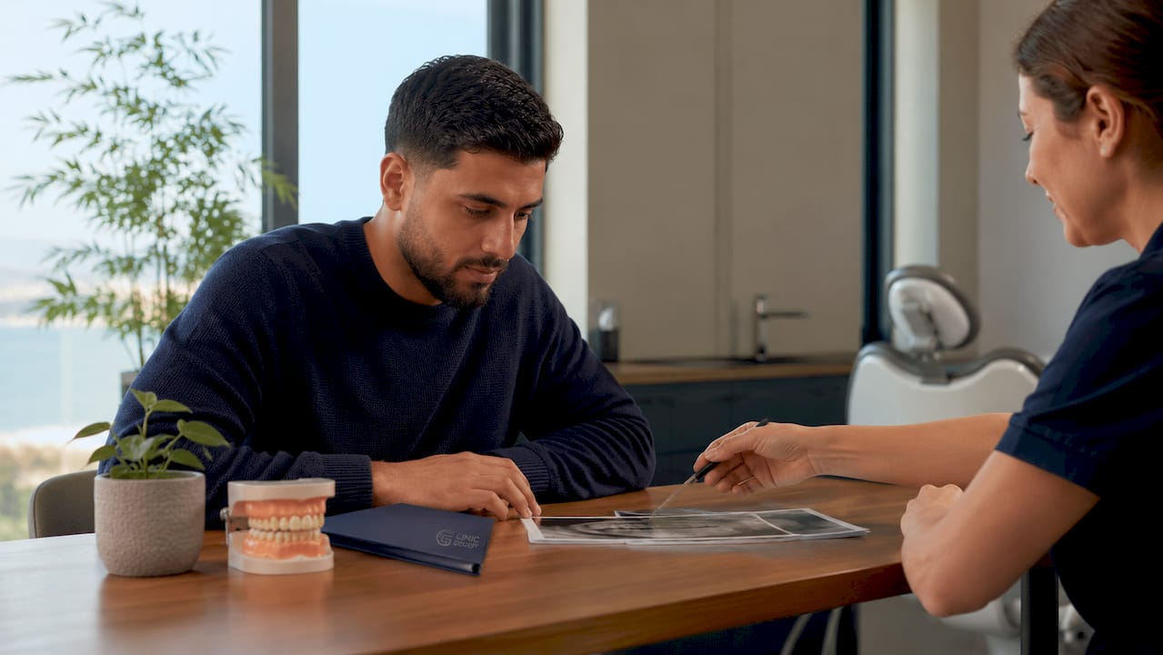 Patient reviewing dental records with assistant