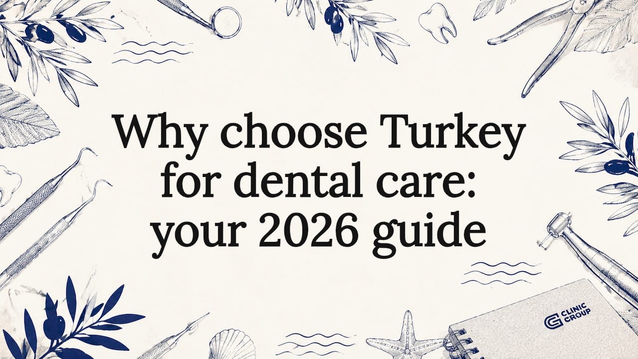 Decorative hand-drawn dental and Mediterranean themed illustration around blank center