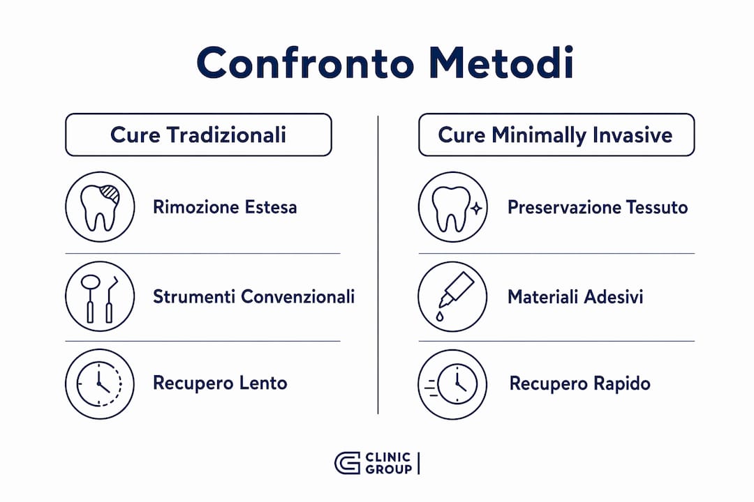 Infografica: differenze tra trattamenti dentali classici e tecniche minimamente invasive
