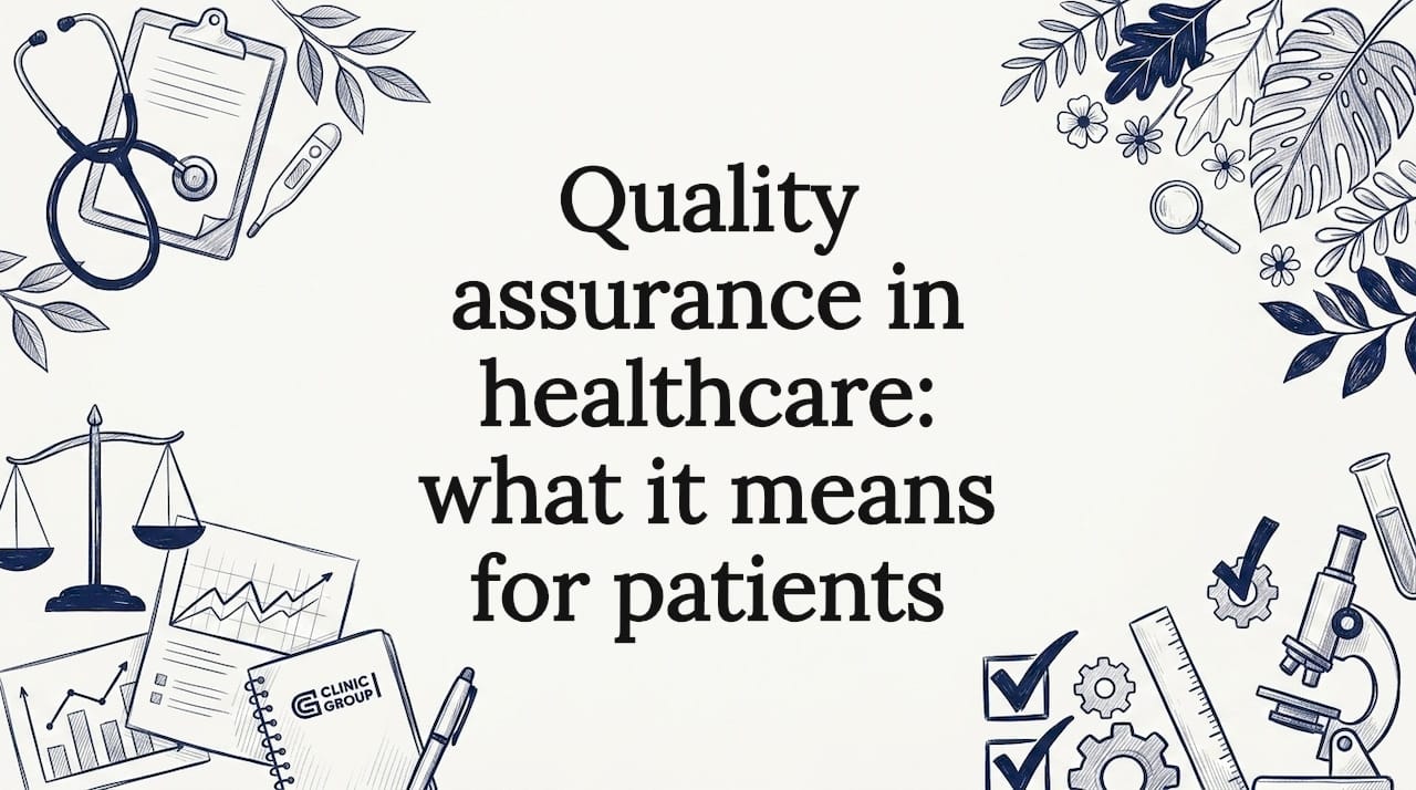 Decorative medical quality assurance illustration framing title text