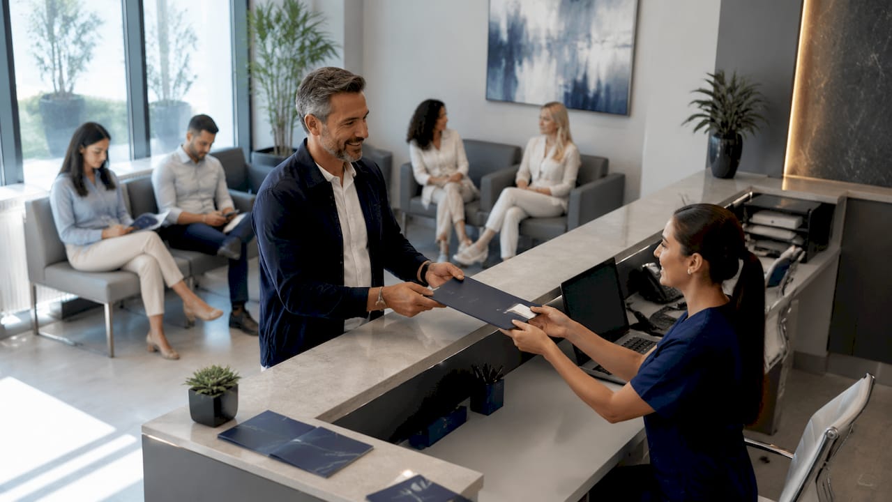 Patient handing documents at clinic reception
