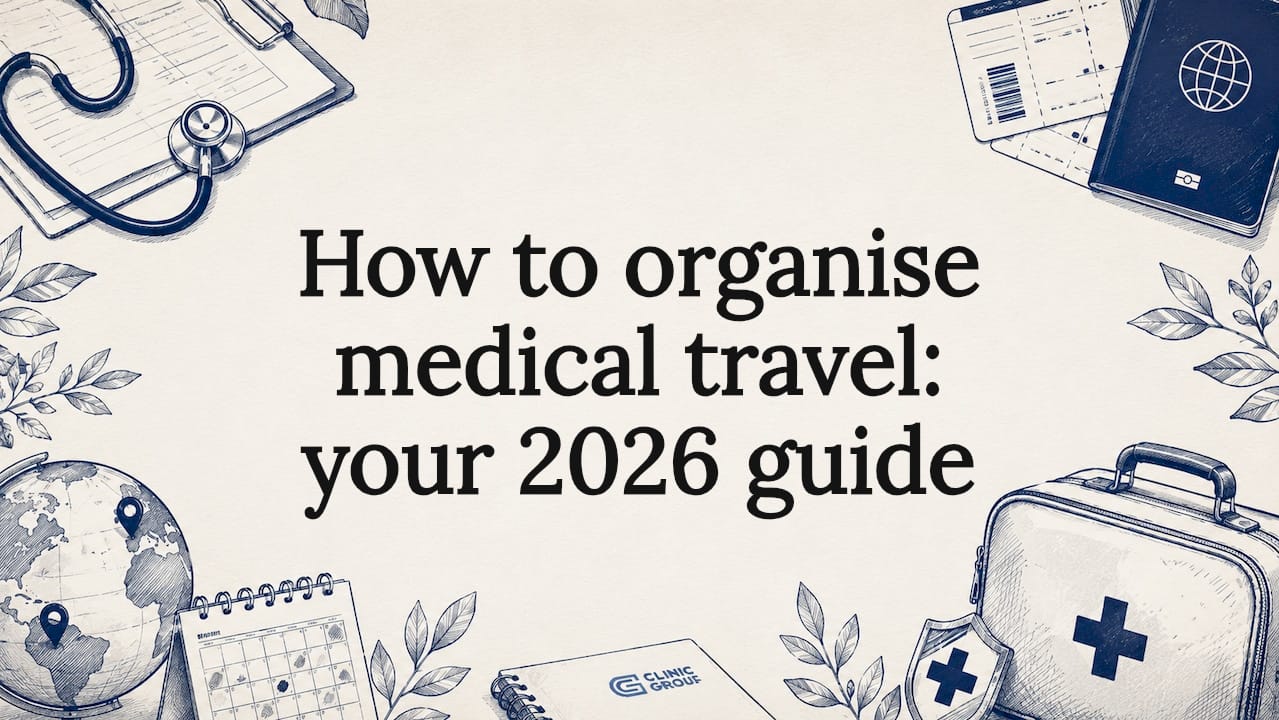 Decorative medical travel themed title card illustration