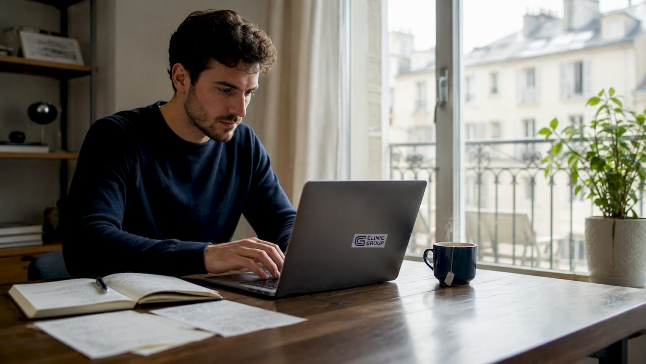Una persona seduta davanti al computer mentre effettua una prenotazione online.