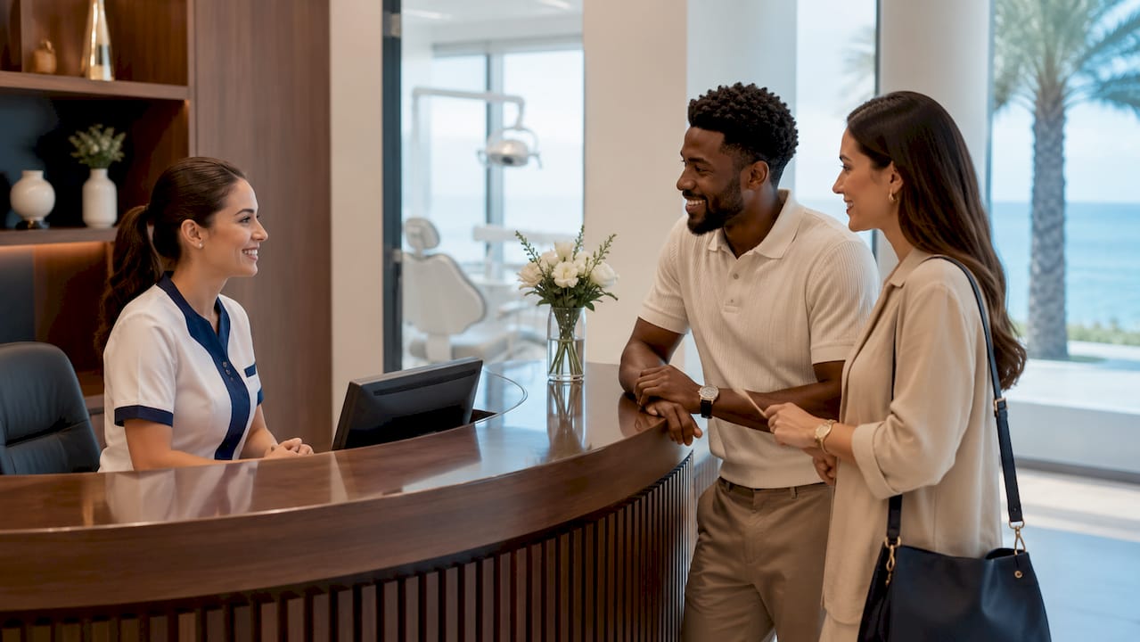 Diverse patients consulting dental pricing