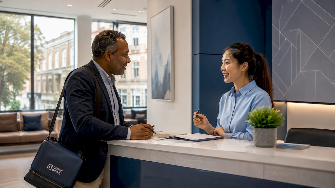 Patient consulting receptionist at modern dental clinic
