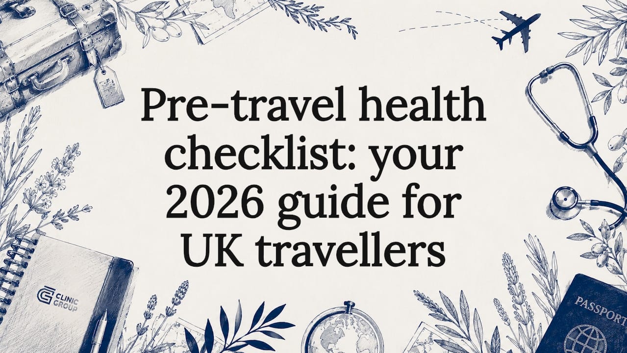 Decorative title card with travel and medical sketches