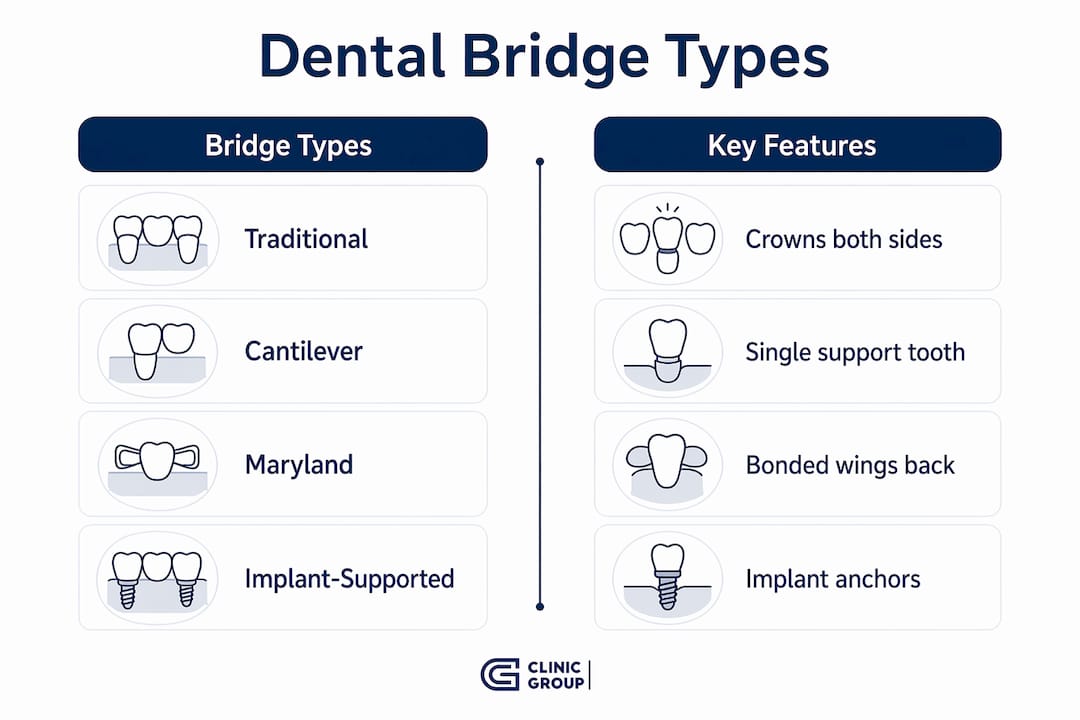 Infographic comparing dental bridge types and features
