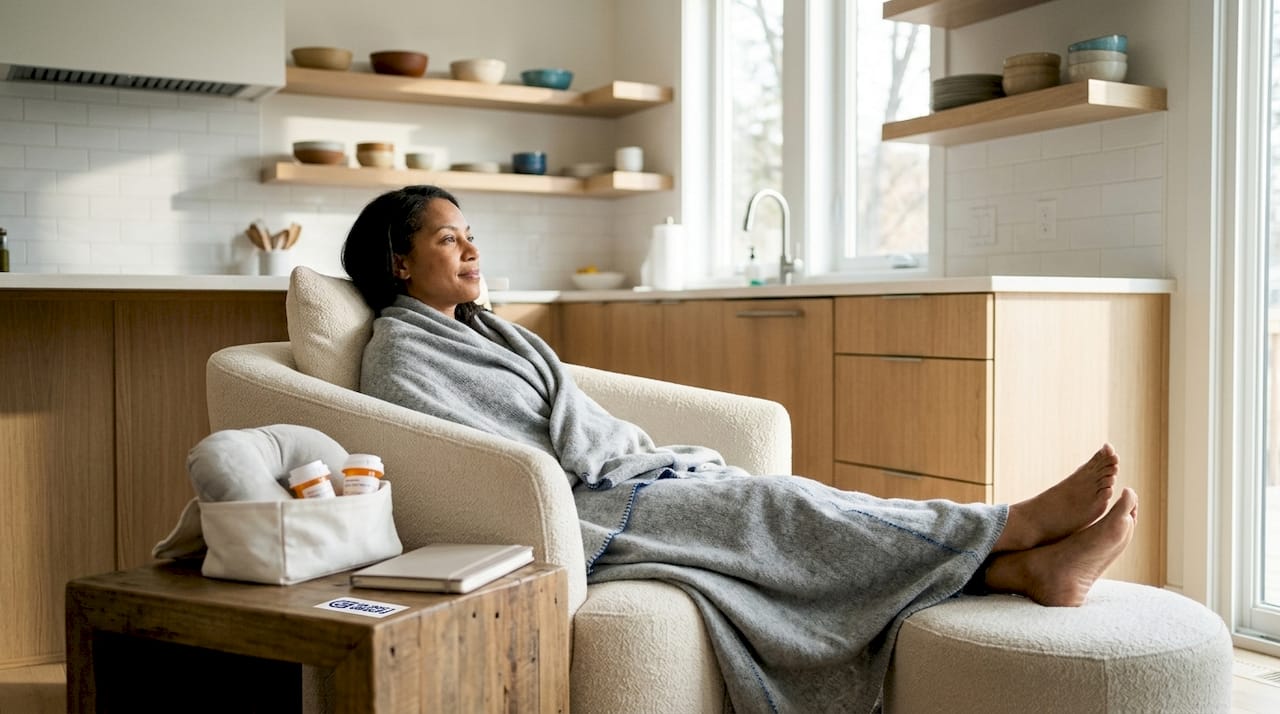 Patient resting at home with recovery kit nearby