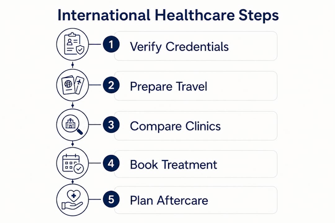 Infographic showing step-by-step international healthcare access
