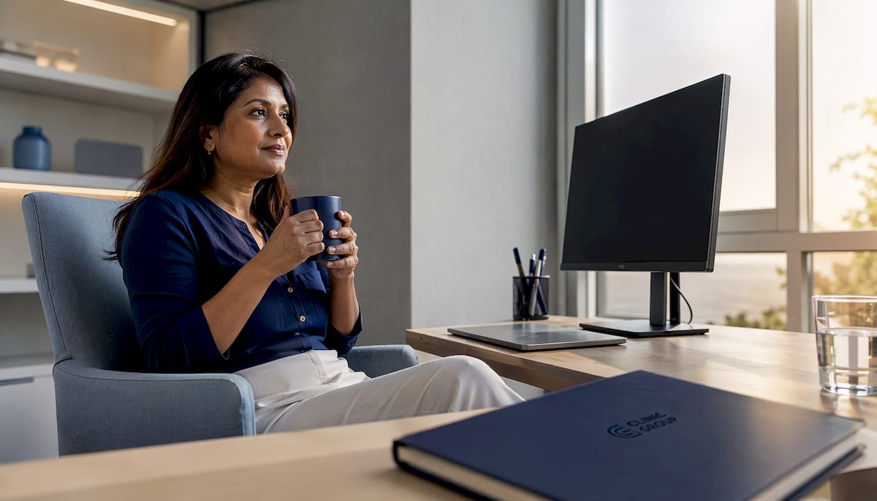 Patient preparing for telemedicine in clinic