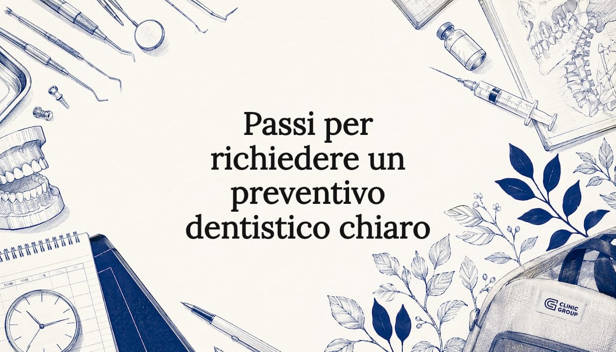 Illustrazione per una copertina decorativa che unisce strumenti dentistici e dettagli botanici