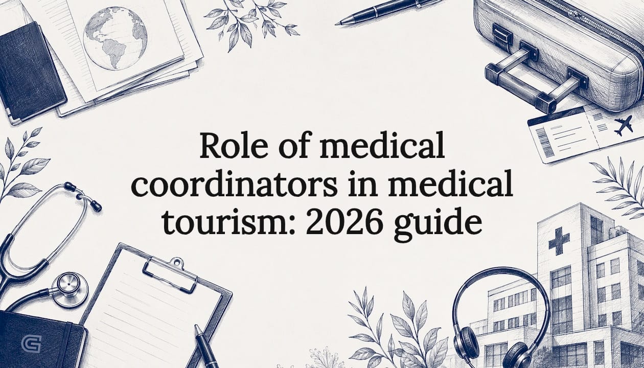Decorative illustrated title card with medical travel elements