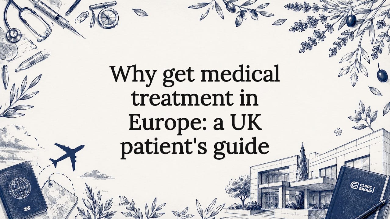 Decorative title card illustration for medical travel article