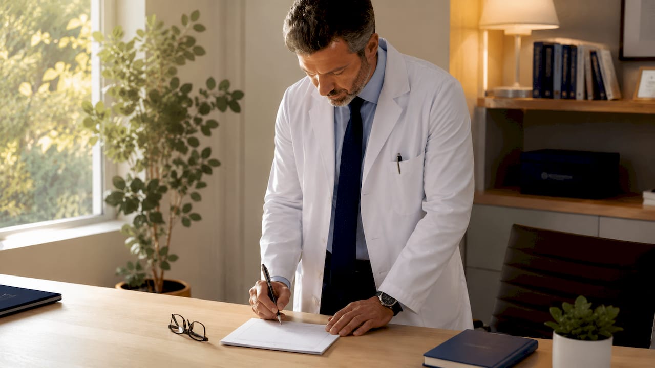 Mani di un medico che appongono la firma su un preventivo sanitario