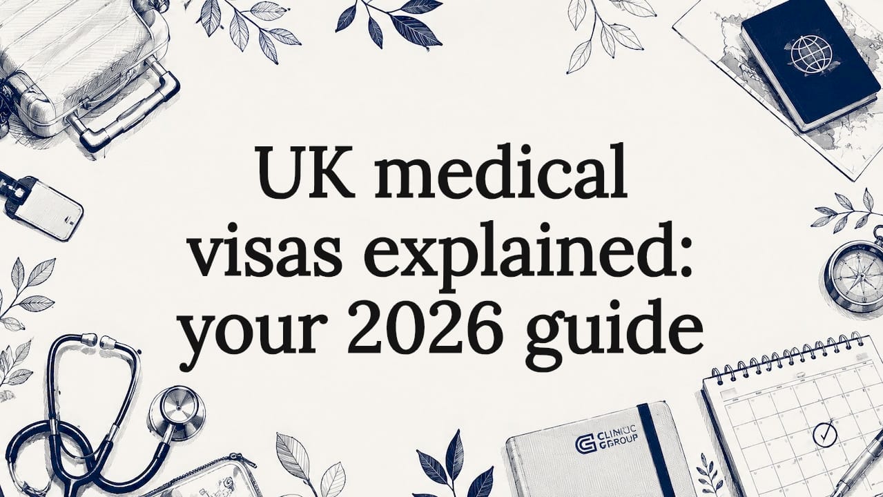 Decorative title card illustration with medical and travel icons