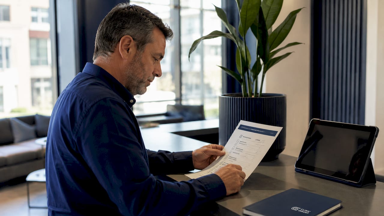 Man reviewing checklist in clinic reception
