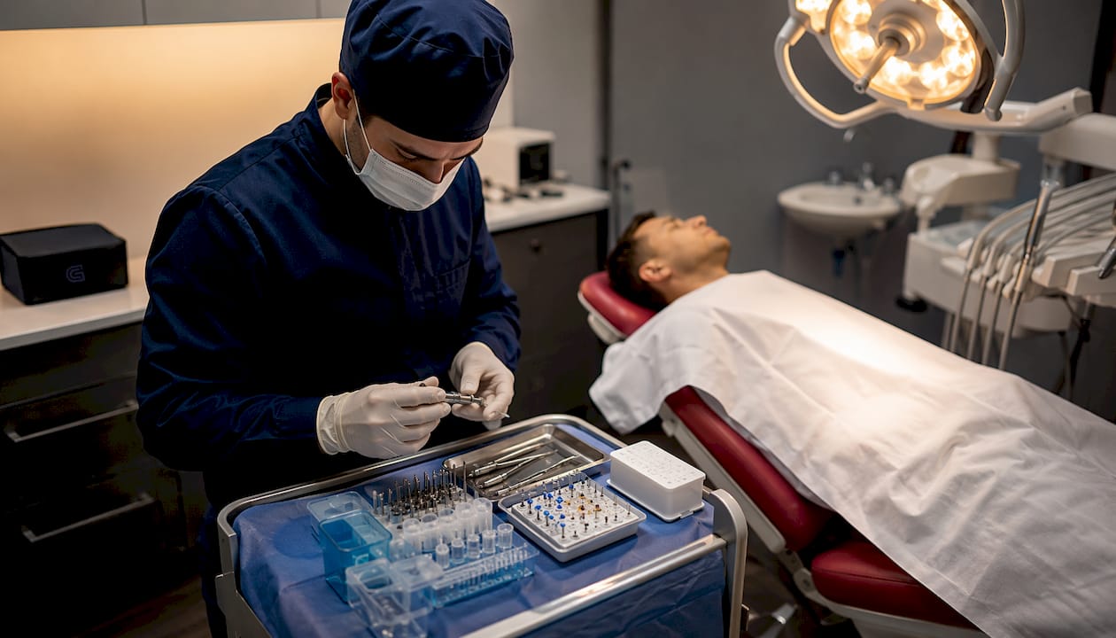 Il dentista sta preparando un impianto dentale nello studio.