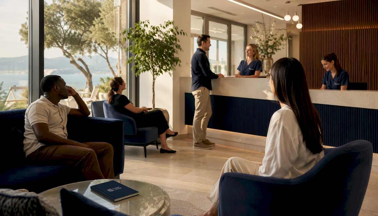 Modern dental clinic reception with patients