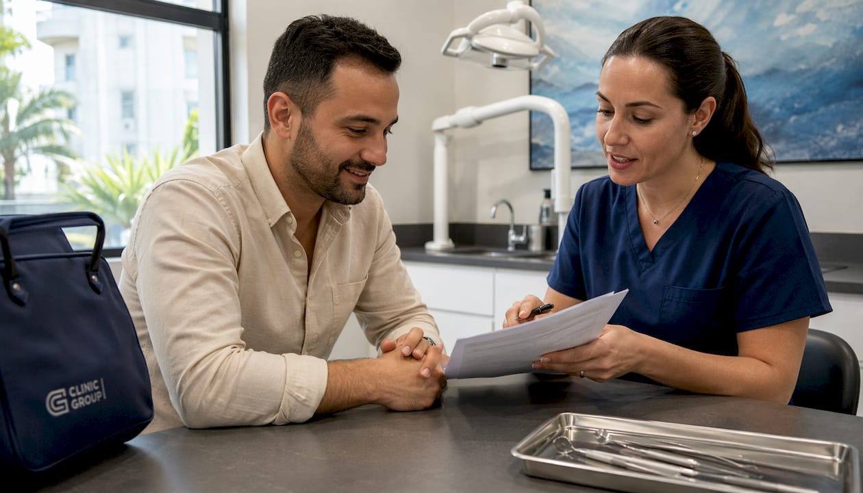 Patient and nurse discussing treatment in clinic