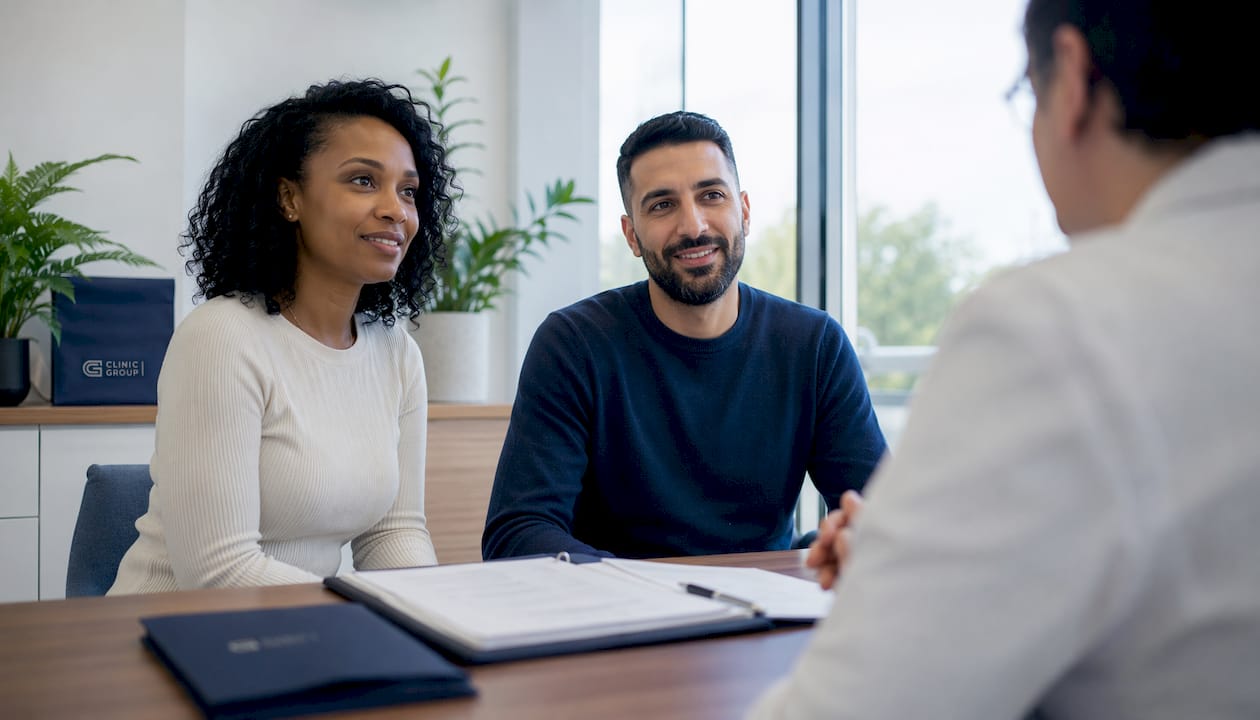Diverse patients in modern clinic consultation room