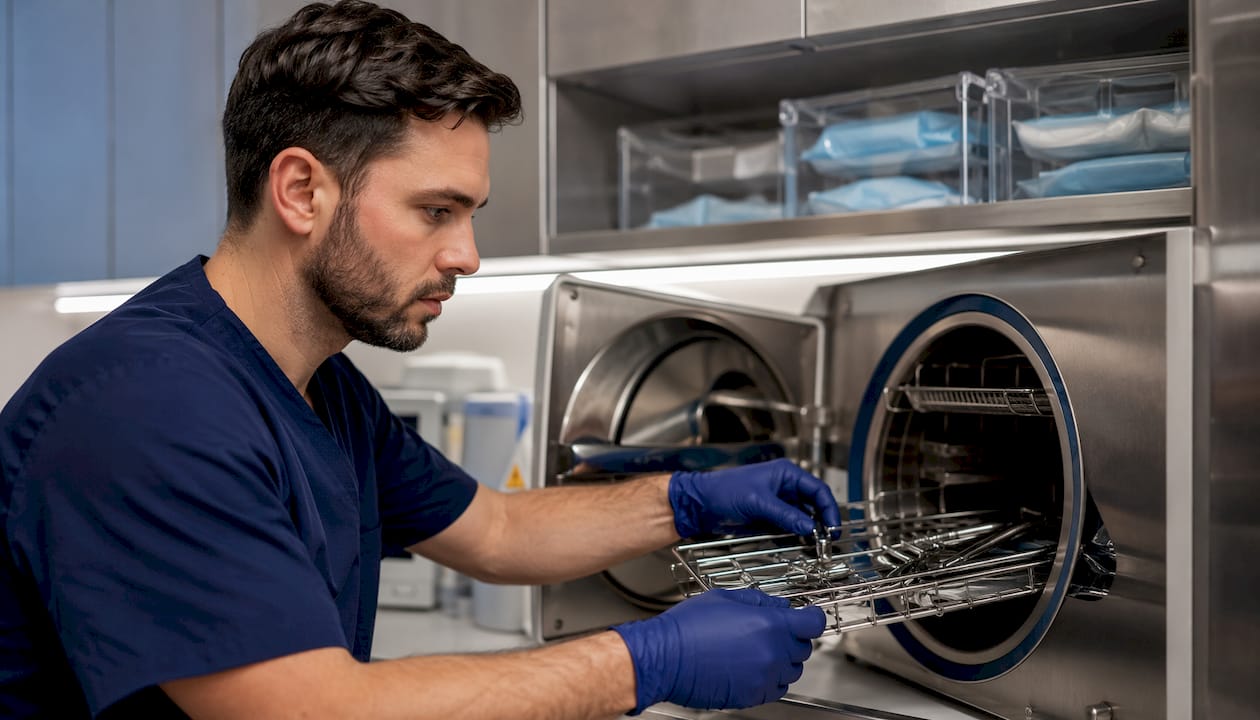 L’operatore si occupa di caricare l’autoclave con gli strumenti chirurgici da sterilizzare.