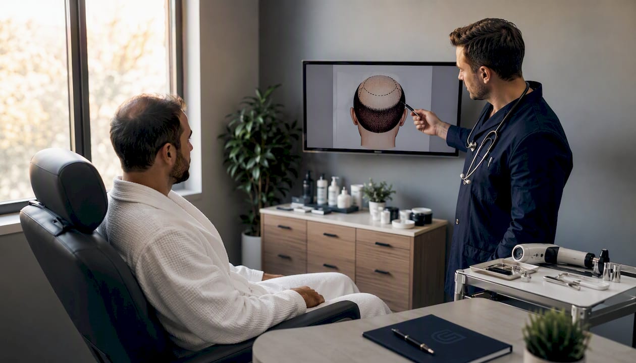Medico che discute con il paziente riguardo a un intervento di trapianto di capelli